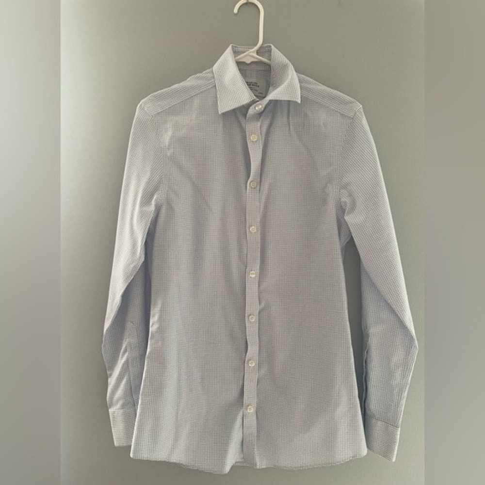 Charles Tyrwhitt Non-Iron Twill Mini Grid Check Shirt Extra Slim Cornflower Blue
